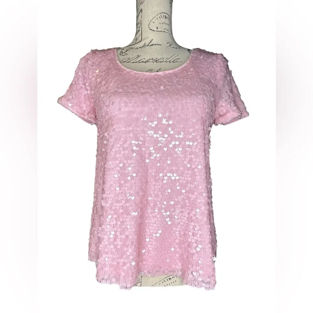 Forever 21 sequin pink short sleeves blouse size small NWT barbie pink vintage